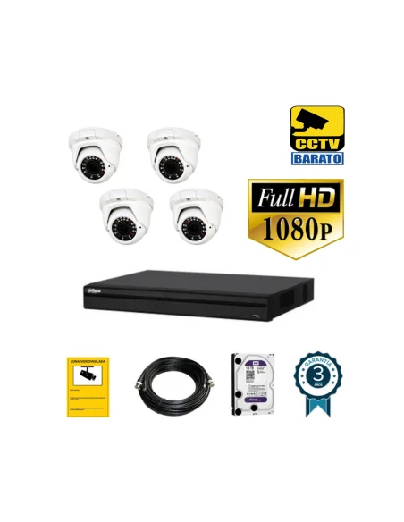 Kit de videovigilancia FULL HD 4 cámaras domo exterior/interior varifocal más grabador  de 4 canales.