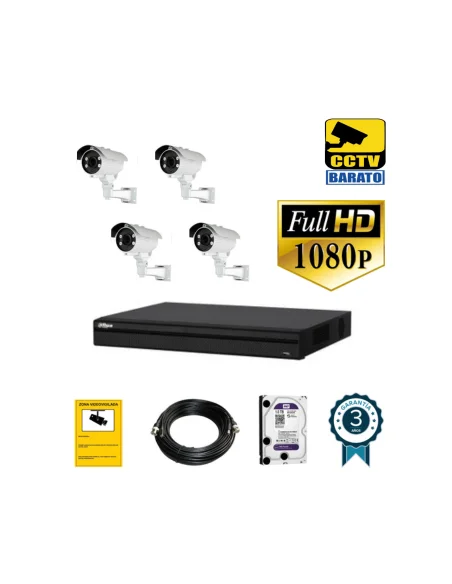 Kit de videovigilancia FULL HD 4 cámaras bullet exterior varifocal más grabador  de 4 canales.