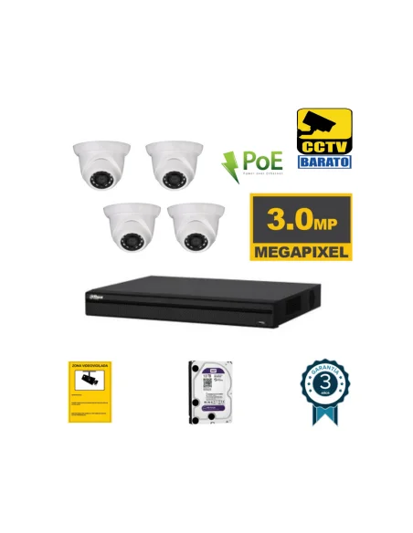 Kit de videovigilancia IP PoE 4 cámaras domo exterior/interior 3Mpx óptica fija más grabador NVR de 4 canales