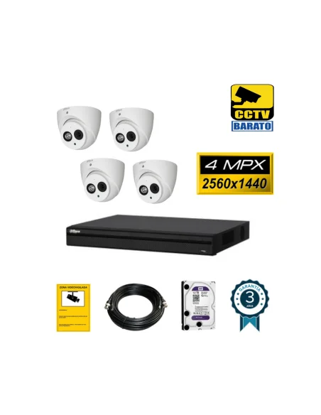 Kit de videovigilancia  4 cámaras domo 4Mpx exterior/interior óptica fija más grabador  de 4 canales