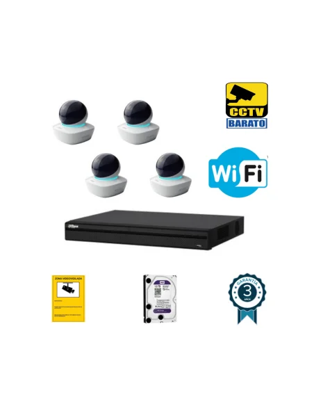 Kit de videovigilancia IP Wifi HD 4 cámaras domo motorizada interior óptica fija más grabador NVR de 4 canales