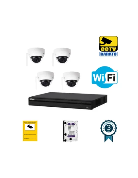 Kit de videovigilancia IP Wifi 4 cámaras domo exterior/interior 3Mpx óptica fija más grabador NVR de 4 canales