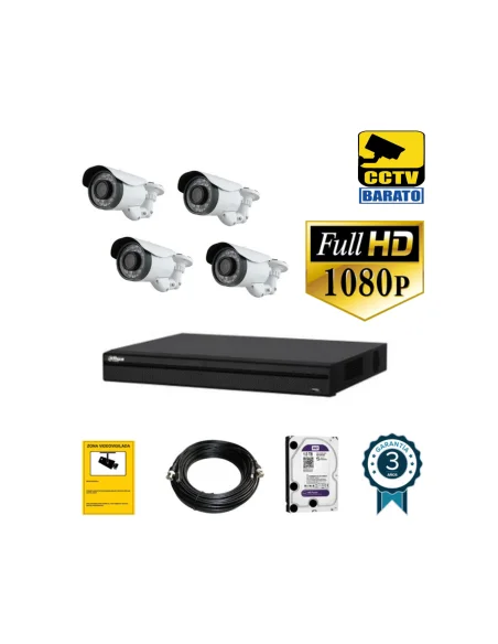 Kit de videovigilancia full hd 4 cámaras bullet varifocal exterior más grabador  de 4 canales.