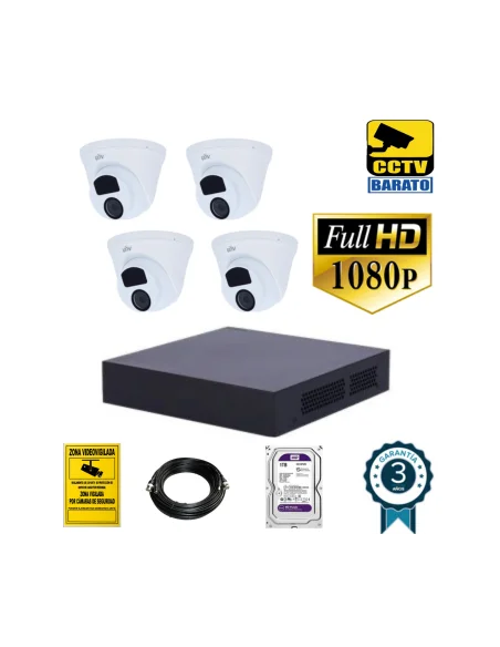 Kit de videovigilancia FULL HD 4 cámaras domo interior/exterior óptica fija más grabador de 4 canales