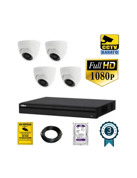 Kit de videovigilancia FULL HD 4 cámaras domo interior óptica fija más grabador  de 4 canales.