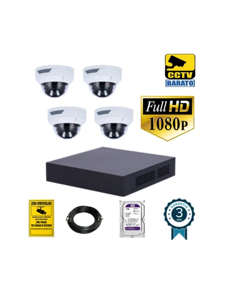 Kit de videovigilancia FULL-HD 4 cámaras domo cúpula óptica fija más grabador de 4 canales.