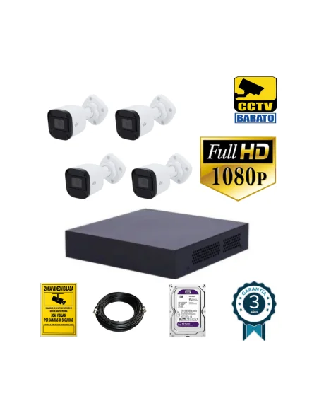 Kit de videovigilancia FULL HD 4 cámaras bullet exterior óptica fija más grabador de 4 canales
