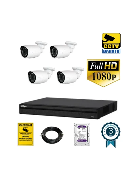 Kit de videovigilancia FULL HD 4 cámaras bullet exterior óptica fija más grabador  de 4 canales.