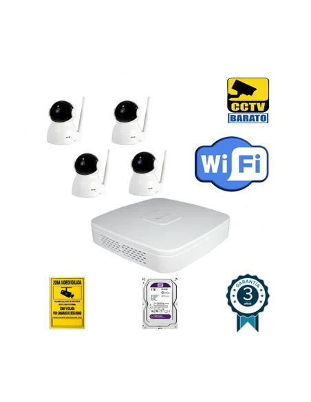 Kit de videovigilancia IP Wifi 4 cámaras motorizadas domo interior 2Mpx óptica fija más grabador NVR de 4 canales
