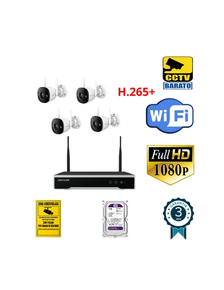 Kit de videovigilancia IP WiFi  4 cámaras bullet exterior óptica fija más grabador de 4 canales