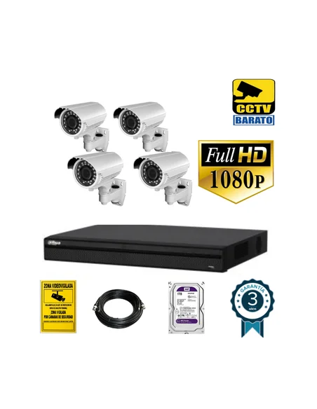 Kit de videovigilancia 1080P FULL HD 4 cámaras bullet varifocal exterior más grabador de 4 canales.
