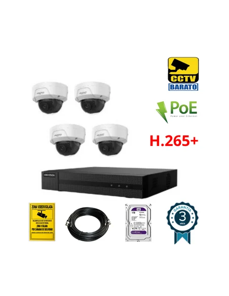 Kit de videovigilancia IP PoE Hikvision 4 cámaras domo aptas para exterior óptica fija más grabador de 4 canales