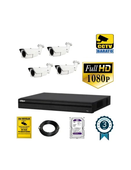 Kit de videovigilancia FULL HD 4 cámaras bullet exterior varifocal motorizada más grabador  de 4 canales