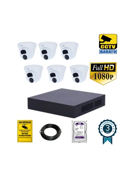 Kit de videovigilancia FULL HD 6 cámaras domo interior/exterior óptica fija más grabador de 8 canales.