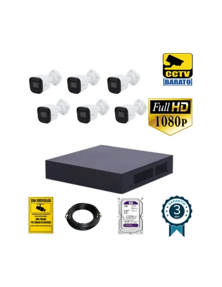Kit de videovigilancia FULL HD 6 cámaras bullet exterior óptica fija más grabador de 8 canales