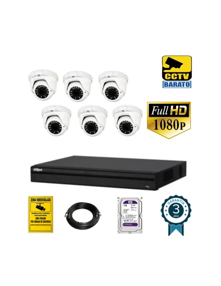 Kit de videovigilancia FULL HD 6 cámaras domo exterior/interior varifocal más grabador  de 8 canales.
