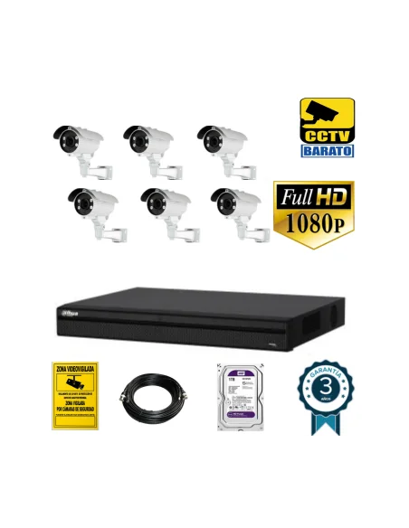 Kit de videovigilancia FULL HD 6 cámaras bullet exterior varifocal más grabador  de 8 canales.