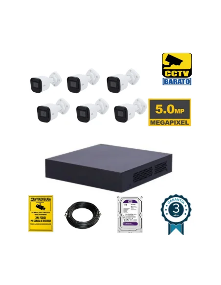Kit de videovigilancia 6 cámaras bullet 5Mpx exterior/interior óptica fija más grabador de 8 canales