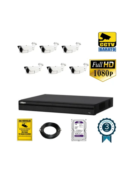 Kit de videovigilancia FULL HD 6 cámaras bullet exterior varifocal motorizada más grabador  de 8 canales