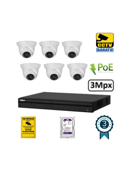 Kit de videovigilancia IP PoE 6 cámaras domo exterior/interior 3Mpx óptica fija más grabador NVR de 8 canales