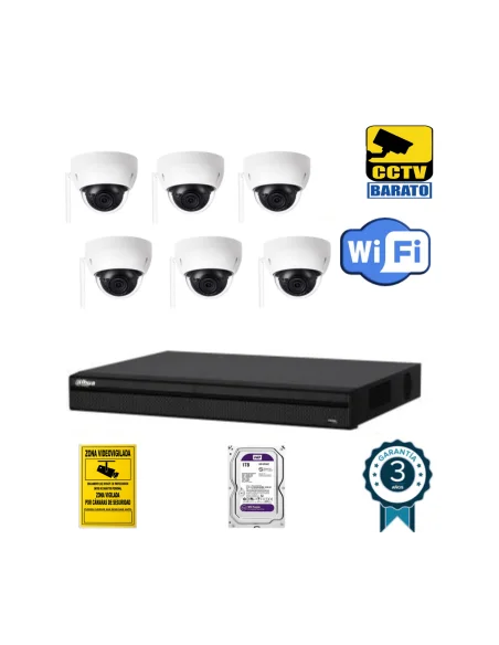 Kit de videovigilancia IP Wifi 6 cámaras domo exterior/interior 3Mpx óptica fija más grabador NVR de 8 canales