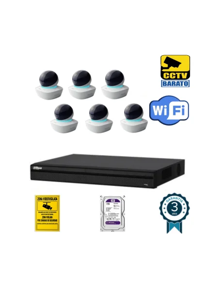 Kit de videovigilancia IP Wifi HD 6 cámaras domo motorizada interior óptica fija más grabador NVR de 8 canales
