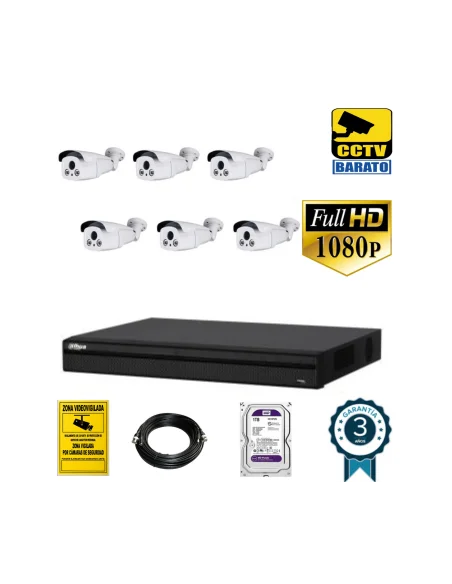 Kit de videovigilancia full hd 6 cámaras bullet varifocal motorizada  exterior más grabador  de 8 canales.
