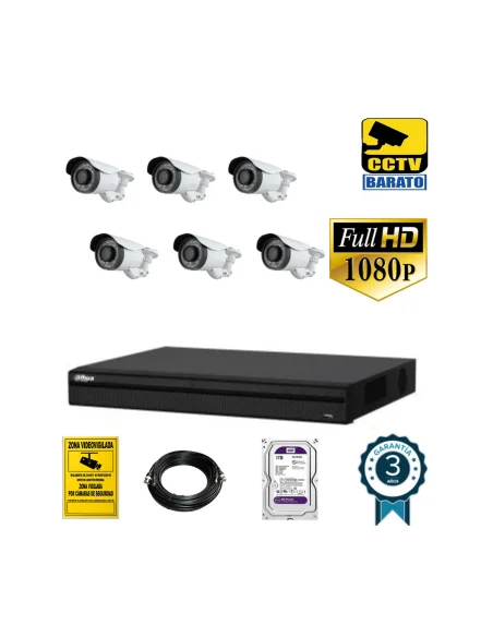 Kit de videovigilancia full hd 6 cámaras bullet varifocal exterior más grabador  de 8 canales.