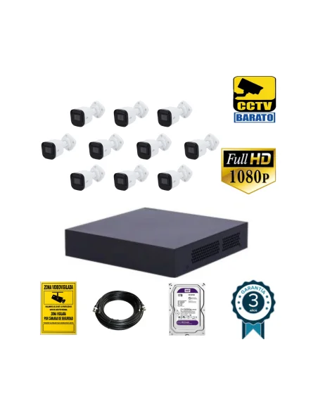 Kit de videovigilancia FULL HD 10 cámaras bullet exterior óptica fija más grabador  de 16 canales.