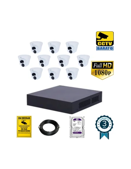 Kit de videovigilancia FULL HD 10 cámaras domo exterior óptica fija más grabador  de 16 canales.
