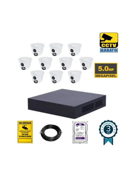 Kit de videovigilancia 10 cámaras domo exterior 5Mpx óptica fija más grabador de 16 canales.