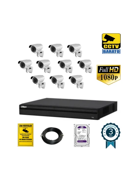 Kit de videovigilancia 1080P FULL HD 10 cámaras bullet varifocal exterior más grabador de 16 canales.