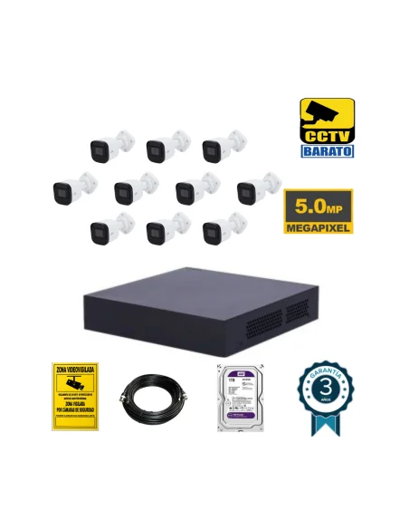 Kit de videovigilancia 10 cámaras bullet 5Mpx exterior/interior óptica fija más grabador de 16 canales