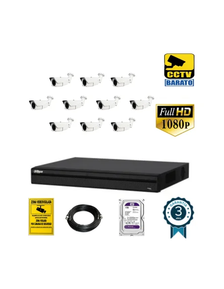 Kit de videovigilancia FULL HD 10 cámaras bullet exterior varifocal motorizada más grabador  de 16 canales