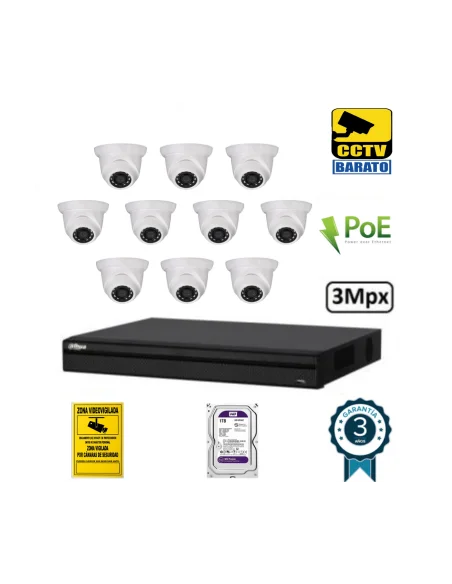 Kit de videovigilancia IP PoE 10 cámaras domo exterior/interior 3Mpx óptica fija más grabador NVR de 16 canales