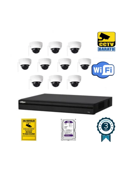 Kit de videovigilancia IP Wifi 10 cámaras domo exterior/interior 3Mpx óptica fija más grabador NVR de 16 canales