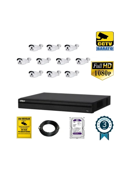 Kit de videovigilancia full hd 10 cámaras bullet varifocal motorizada  exterior más grabador  de 16 canales.