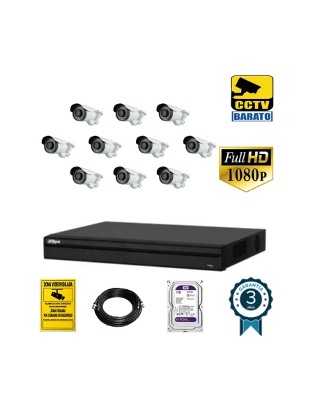 Kit de videovigilancia full hd 10 cámaras bullet varifocal exterior más grabador  de 16 canales.