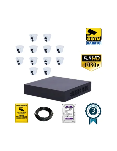 Kit de videovigilancia FULL HD 12 cámaras domo exterior óptica fija más grabador  de 16 canales.