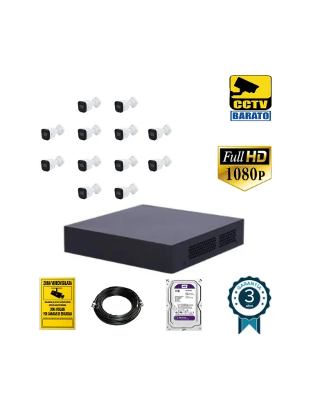 Kit de videovigilancia FULL HD 12 cámaras bullet exterior óptica fija más grabador  de 16 canales.