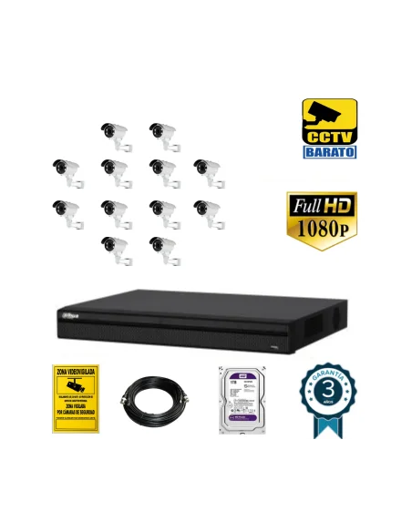 Kit de videovigilancia FULL HD 12 cámaras bullet exterior varifocal más grabador  de 16 canales.