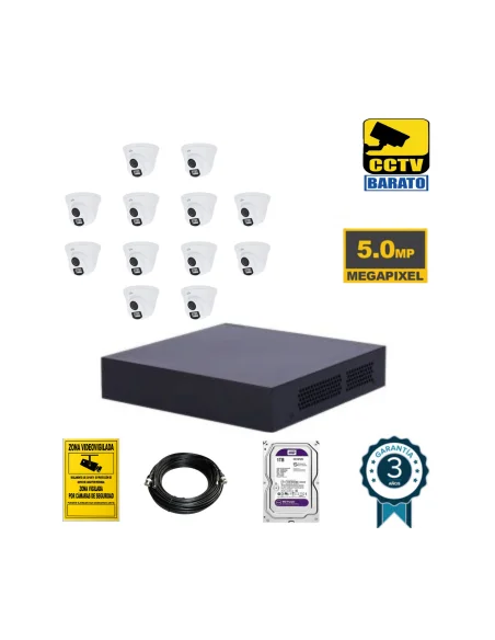 Kit de videovigilancia 12 cámaras domo exterior 5Mpx óptica fija más grabador de 16 canales.