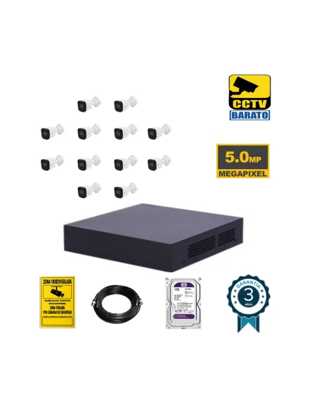 Kit de videovigilancia 12 cámaras bullet 5Mpx exterior/interior óptica fija más grabador de 16 canales
