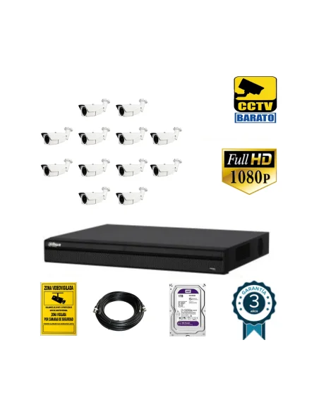 Kit de videovigilancia FULL HD 12 cámaras bullet exterior varifocal motorizada más grabador  de 16 canales