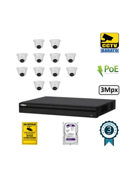 Kit de videovigilancia IP PoE 12 cámaras domo exterior/interior 3Mpx óptica fija más grabador NVR de 16 canales