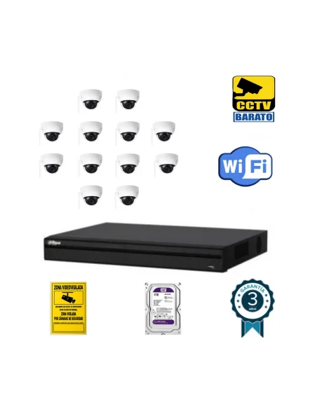 Kit de videovigilancia IP Wifi 12 cámaras domo exterior/interior 3Mpx óptica fija más grabador NVR de 16 canales