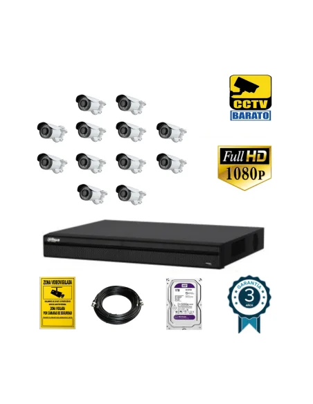 Kit de videovigilancia full hd 12 cámaras bullet varifocal exterior más grabador  de 16 canales.