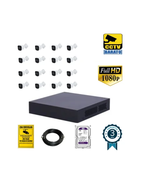 Kit de videovigilancia FULL HD 16 cámaras bullet exterior óptica fija más grabador  de 16 canales.