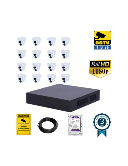 Kit de videovigilancia FULL HD 16 cámaras domo interior/exterior fijo más grabador  de 16 canales.