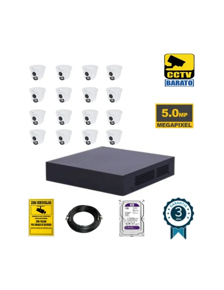 Kit de videovigilancia 16 cámaras domo interior/exterior 5Mpx óptica fija más grabador de 16 canales.